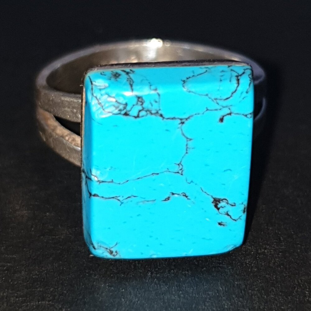 Chunky Vintage Mexico 925 Silver Square Genuine Turquoise Statement Ring